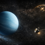 Uranus with its faint Mu and Nu rings, Voyager 1 drifting through interstellar space, and a gravitational lensing arc captured by Euclid, combined in a cinematic dark‑space composition.