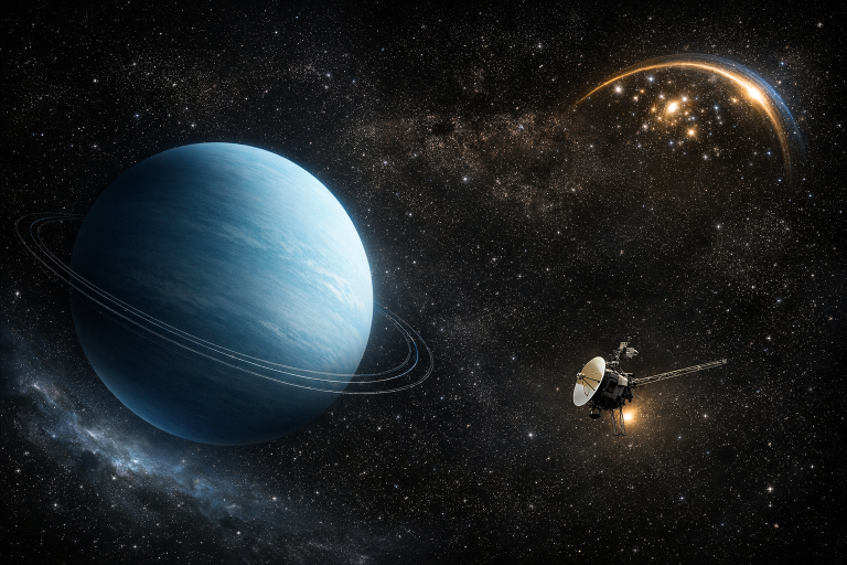 Uranus with its faint Mu and Nu rings, Voyager 1 drifting through interstellar space, and a gravitational lensing arc captured by Euclid, combined in a cinematic dark‑space composition.