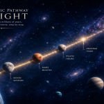 Light travel time across the solar system, Proxima Centauri, Milky Way and Andromeda galaxy showing cosmic distance scale
