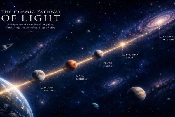 Light travel time across the solar system, Proxima Centauri, Milky Way and Andromeda galaxy showing cosmic distance scale