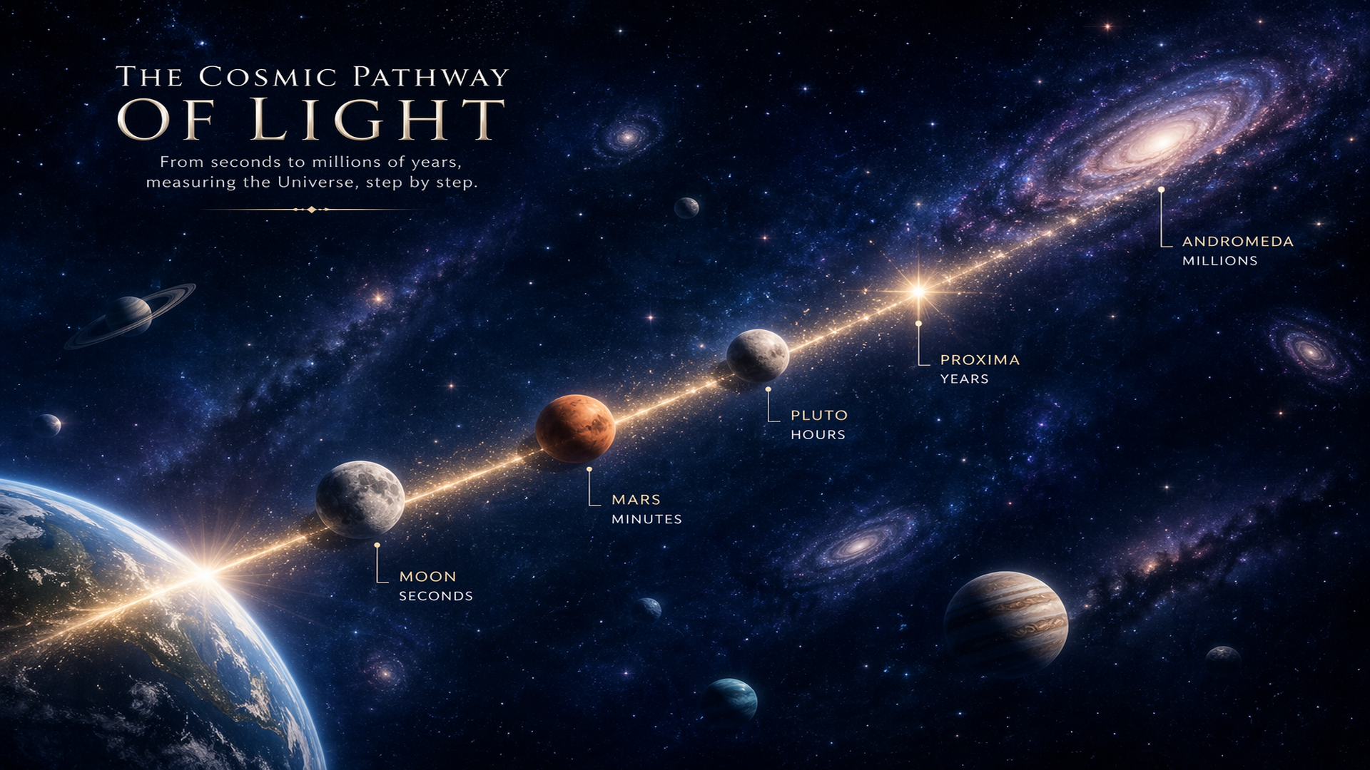 Light travel time across the solar system, Proxima Centauri, Milky Way and Andromeda galaxy showing cosmic distance scale