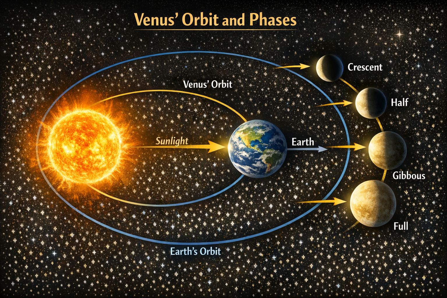 Diagram showing Venus orbit and phases from Earth perspective