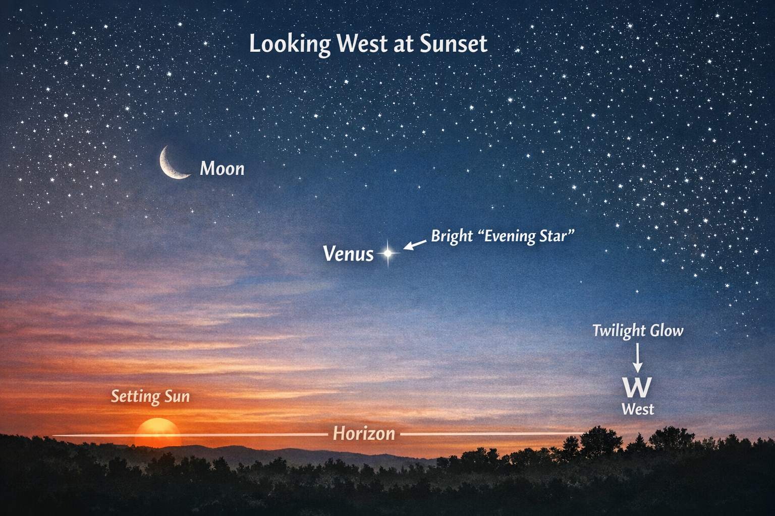 Sky map illustration labeled “Looking West at Sunset,” showing Venus as the bright Evening Star above the horizon line, with the Moon nearby and the setting Sun below the horizon.