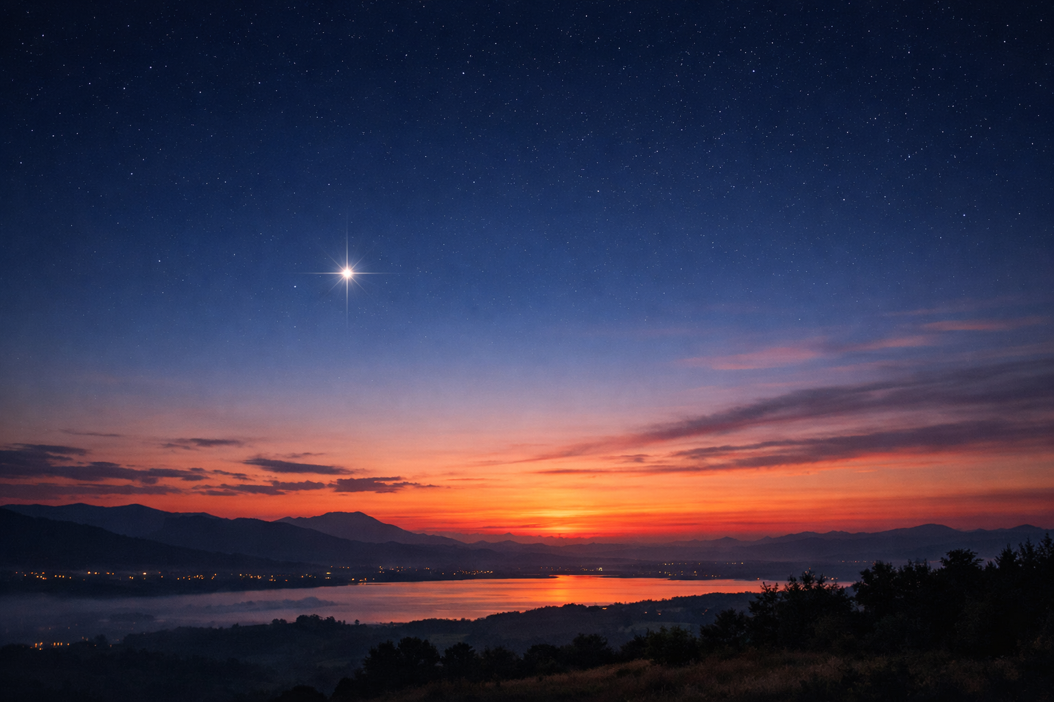 Venus glowing in twilight sky over western horizon