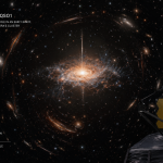 NASA-style visualization of Abell2744-QSO1, a primordial black hole inside a faint early galaxy magnified by gravitational lensing from Pandora’s Cluster, with the James Webb Space Telescope in deep space.