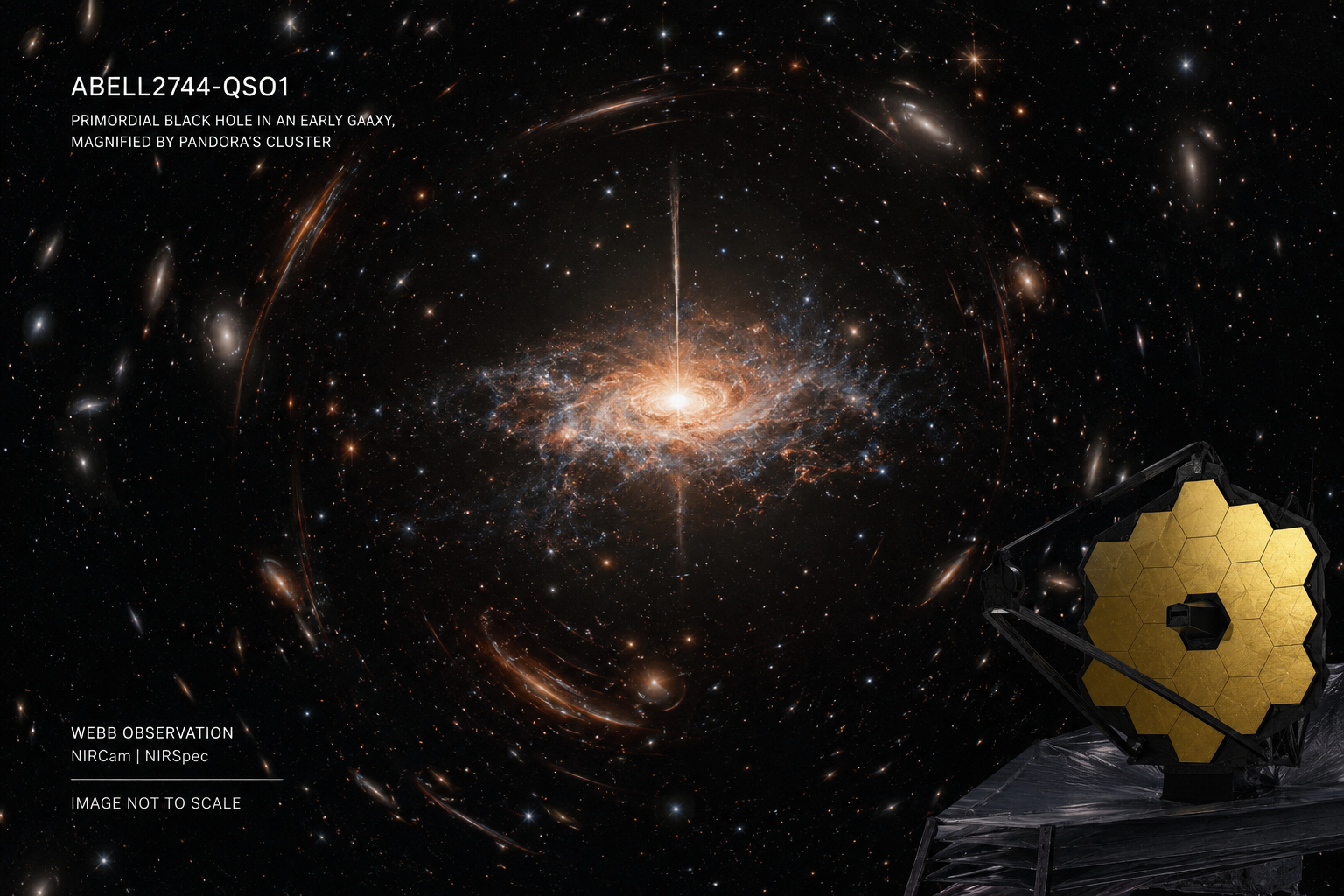 NASA-style visualization of Abell2744-QSO1, a primordial black hole inside a faint early galaxy magnified by gravitational lensing from Pandora’s Cluster, with the James Webb Space Telescope in deep space.