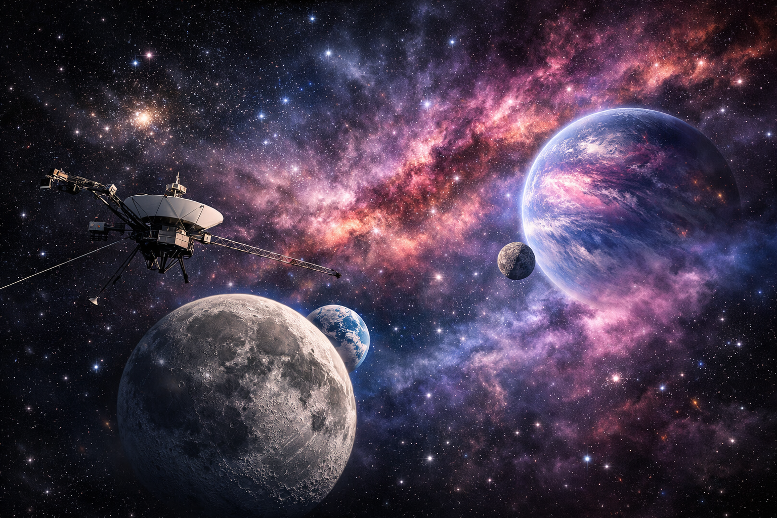 Voyager 1, Artemis II, and PoET telescope symbolize humanity’s expanding reach into the universe.