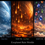 Artistic rendering of exoplanet rains: HD 189733b with glass rain, WASP-76b with molten iron rain, and WASP-121b with gemstone rain in a cosmic landscape triptych.