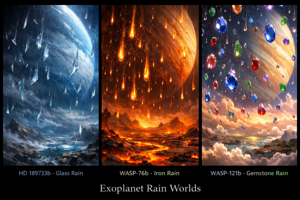 Artistic rendering of exoplanet rains: HD 189733b with glass rain, WASP-76b with molten iron rain, and WASP-121b with gemstone rain in a cosmic landscape triptych.