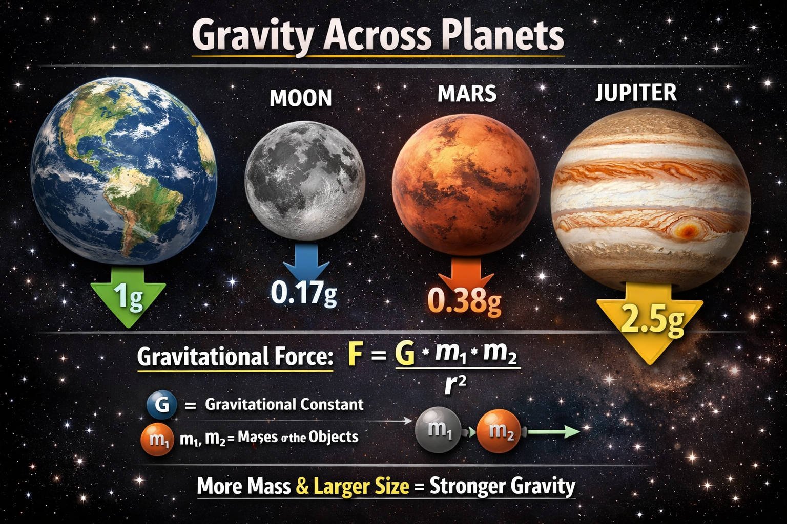 Gravity across planets diagram