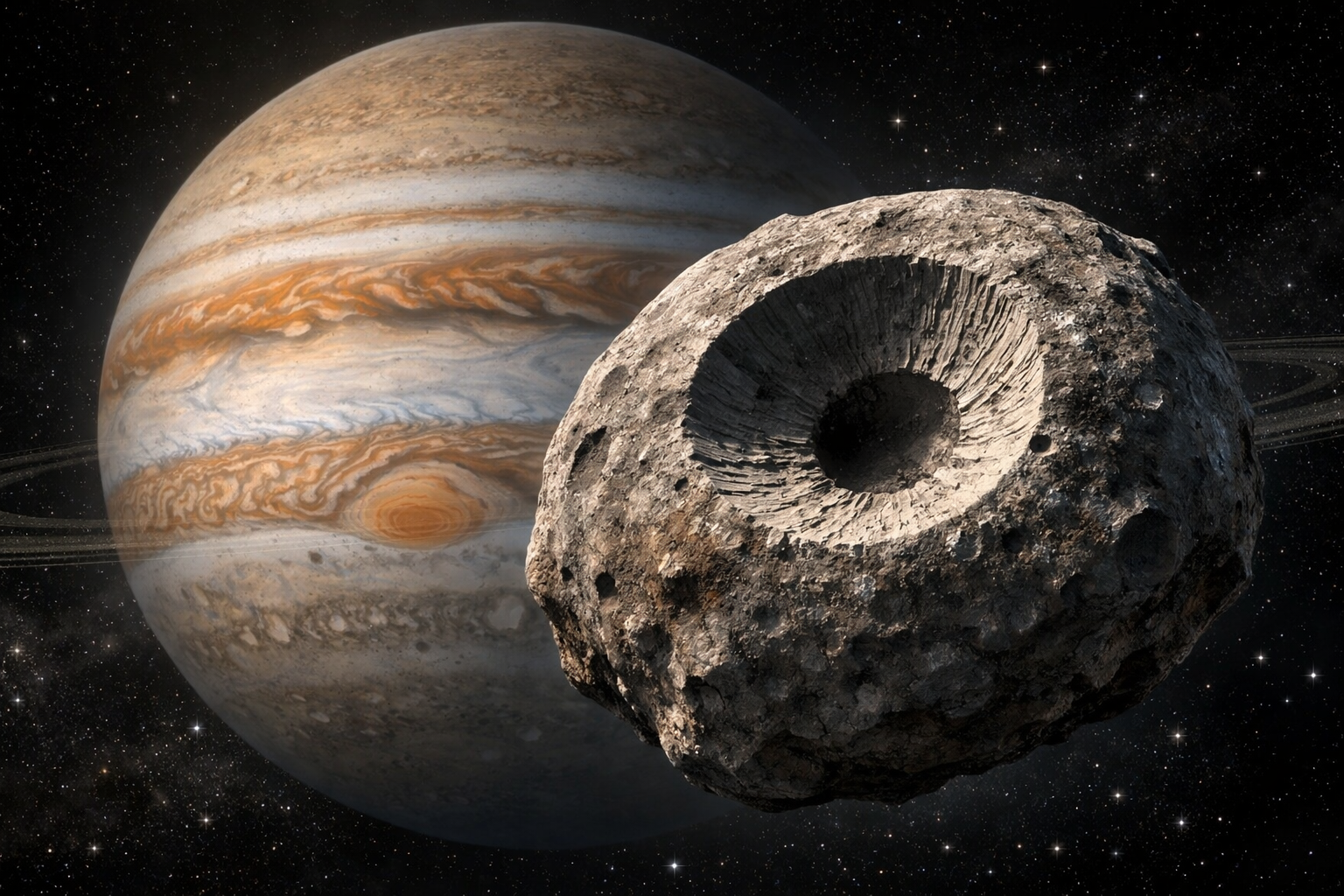 NASA Juno spacecraft reveals Thebe crater resembling Death Star moon.