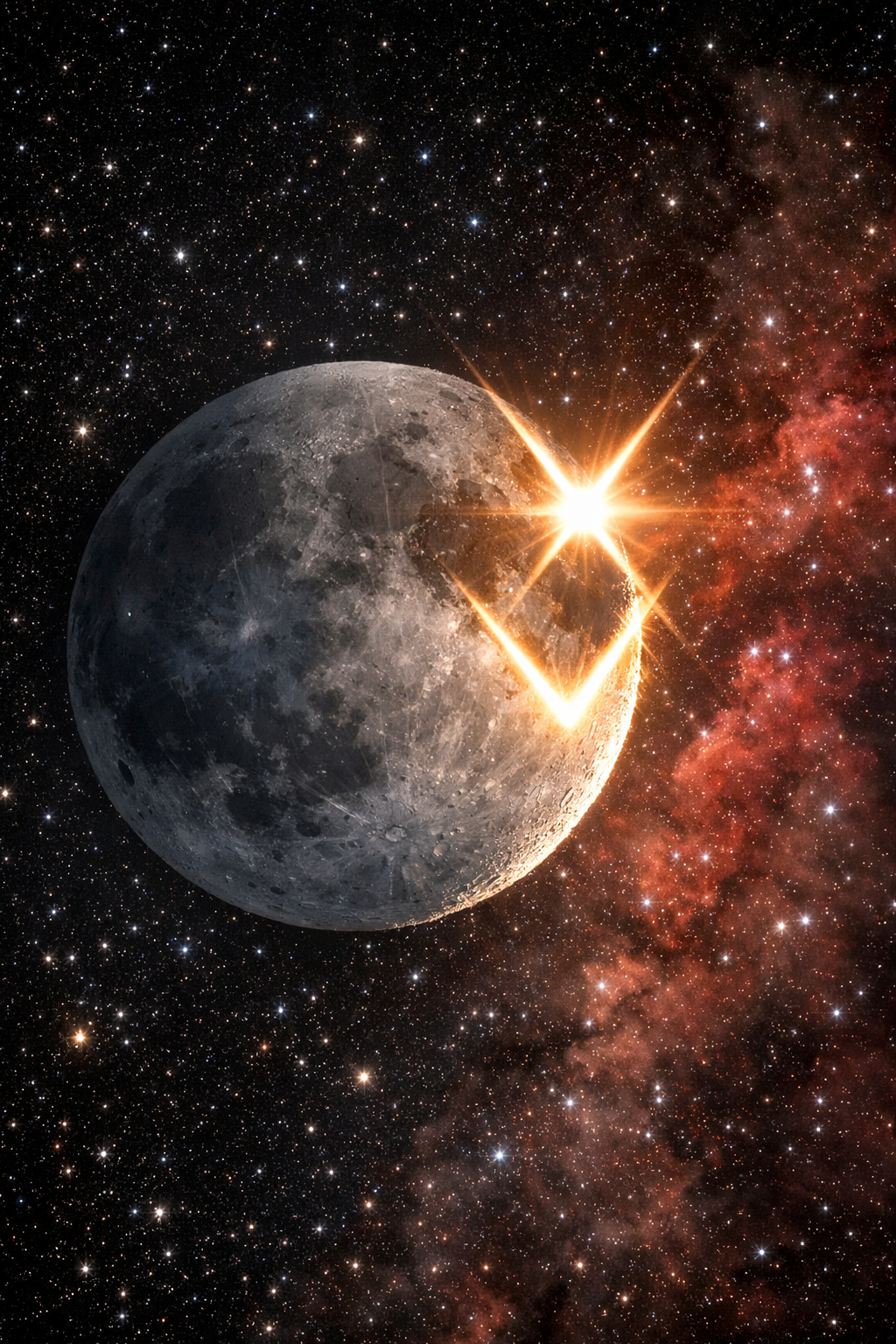 Rare lunar occultation May 23, 2026 showing Moon erasing a star with glowing edge patterns.