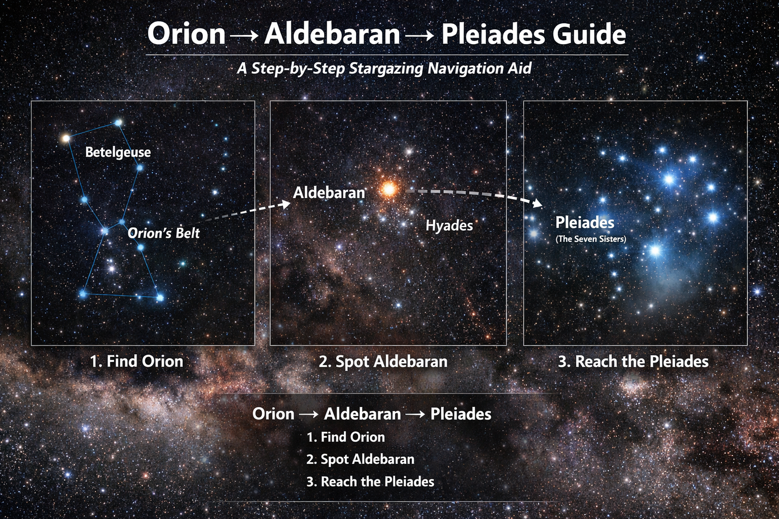 Orion to Aldebaran to Pleiades Navigation Guide