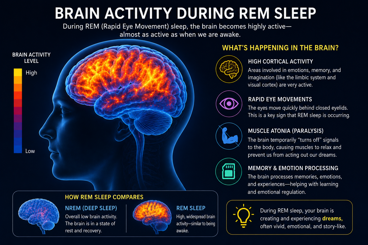 Brain activity during REM sleep showing regions involved in dreaming and memory processing