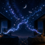 Two men sleep peacefully in separate bedrooms under a glowing cosmic night sky, connected by a stream of sparkling stars and dreamlike constellations symbolizing a shared dream connection.