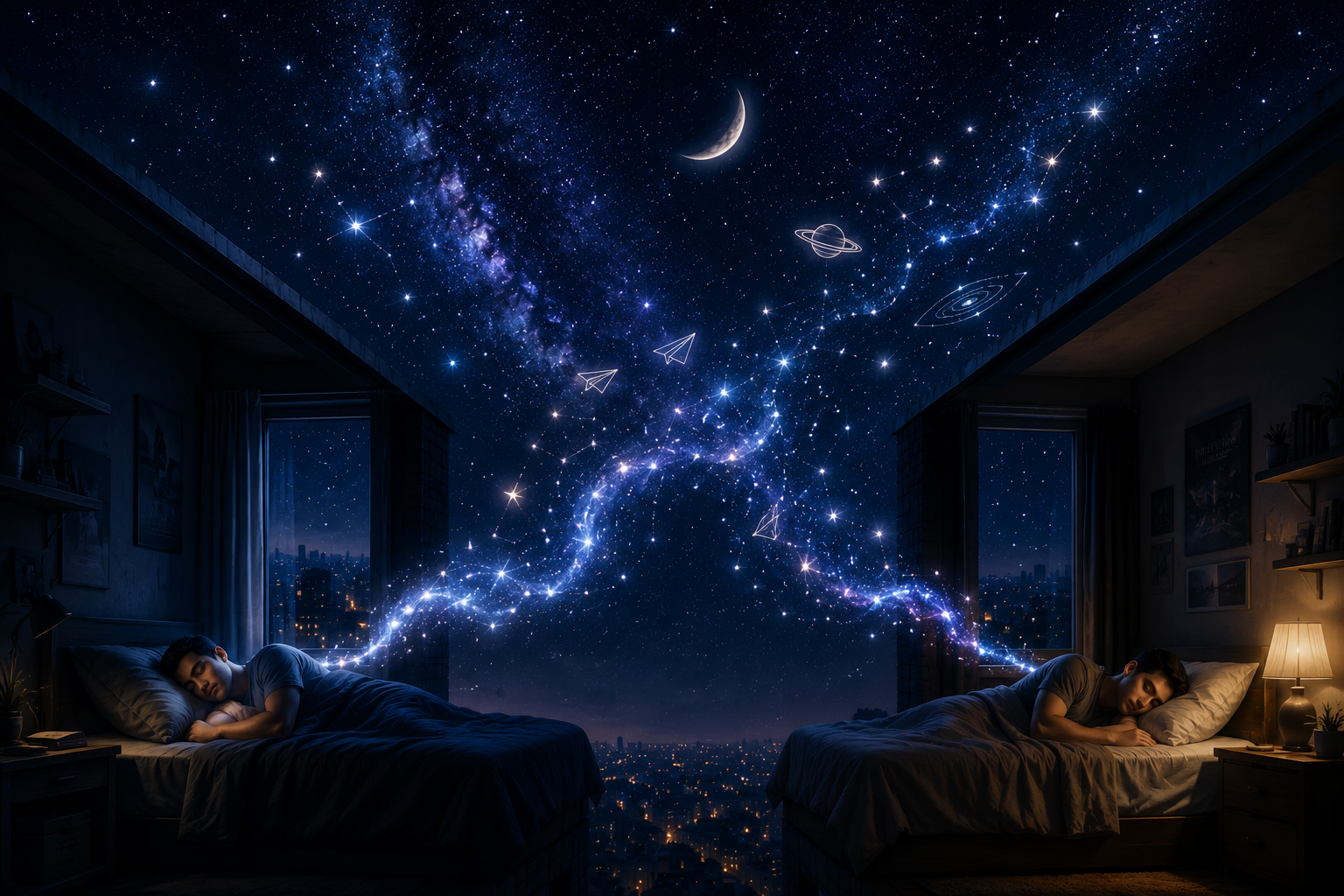 Two men sleep peacefully in separate bedrooms under a glowing cosmic night sky, connected by a stream of sparkling stars and dreamlike constellations symbolizing a shared dream connection.