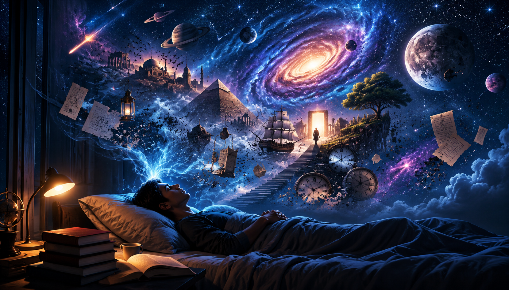 Sleeping person beneath a galaxy sky symbolizing dreams, consciousness, and the mysteries of the human mind