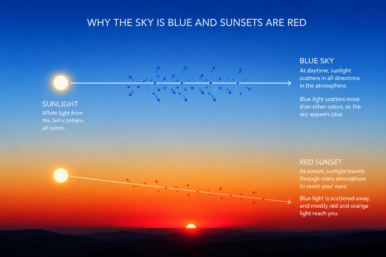 Diagram showing how Earth's atmosphere scatters blue light and creates red and orange sunset colors