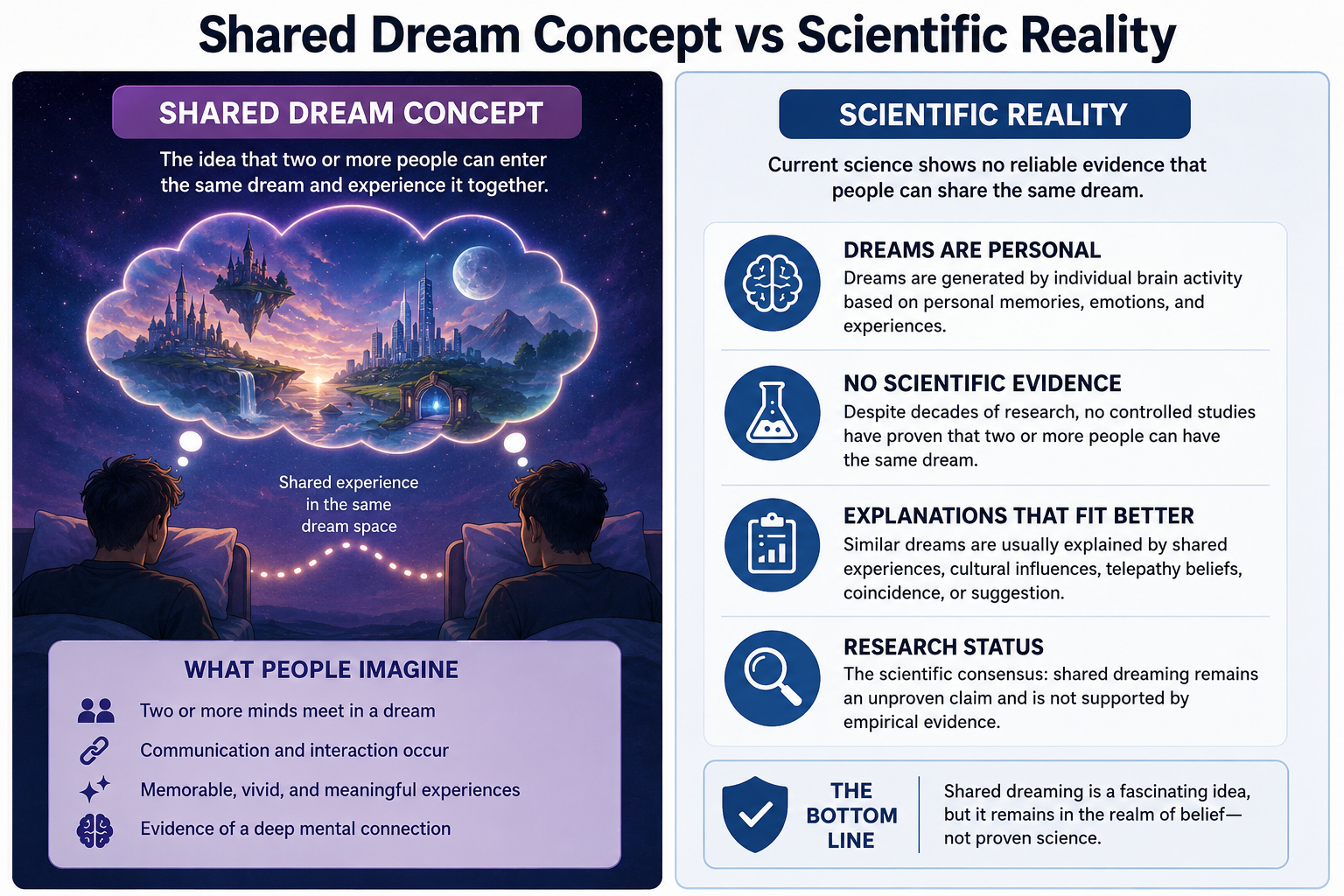 Illustration comparing shared dream concepts with scientific evidence and neuroscience research