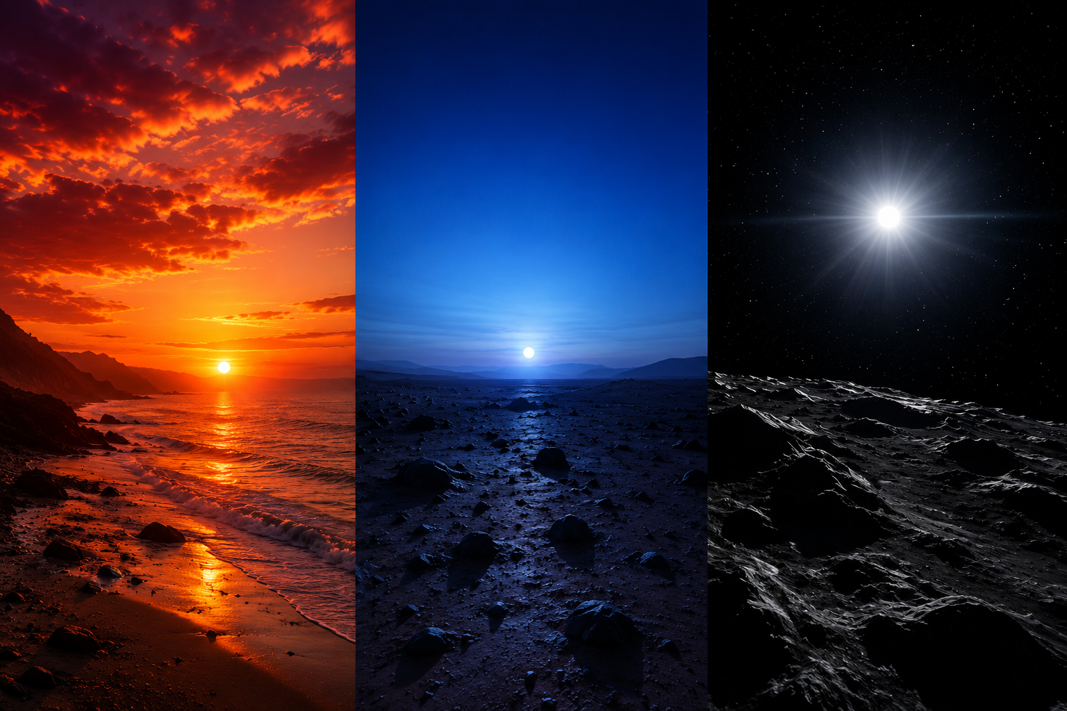 Alien skies across the Solar System showing Earth's red sunset, Mars' blue sunset, and the Sun's white appearance in space