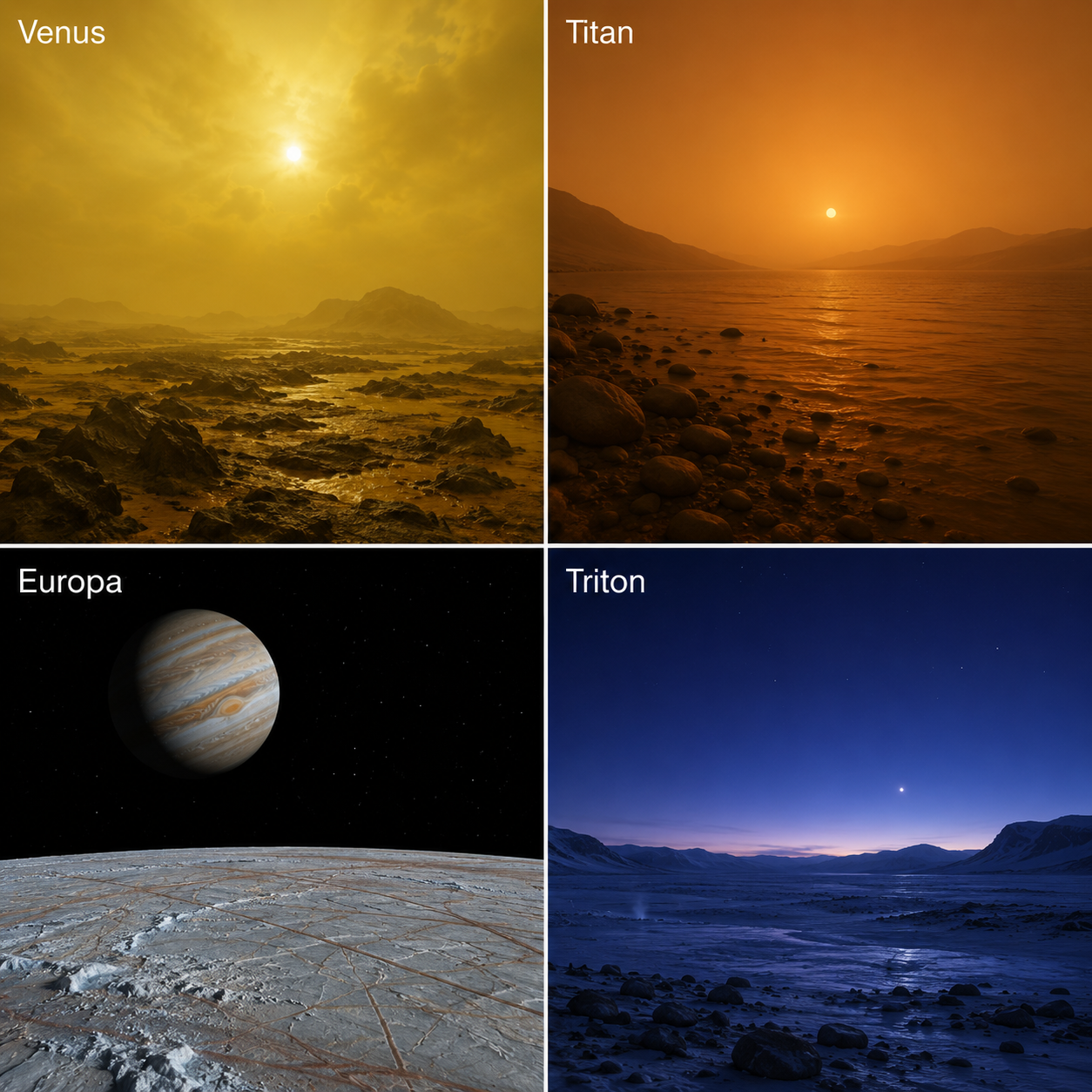 Comparison of alien skies across Venus, Titan, Europa, and Triton showing how different atmospheres create unique sunset colors