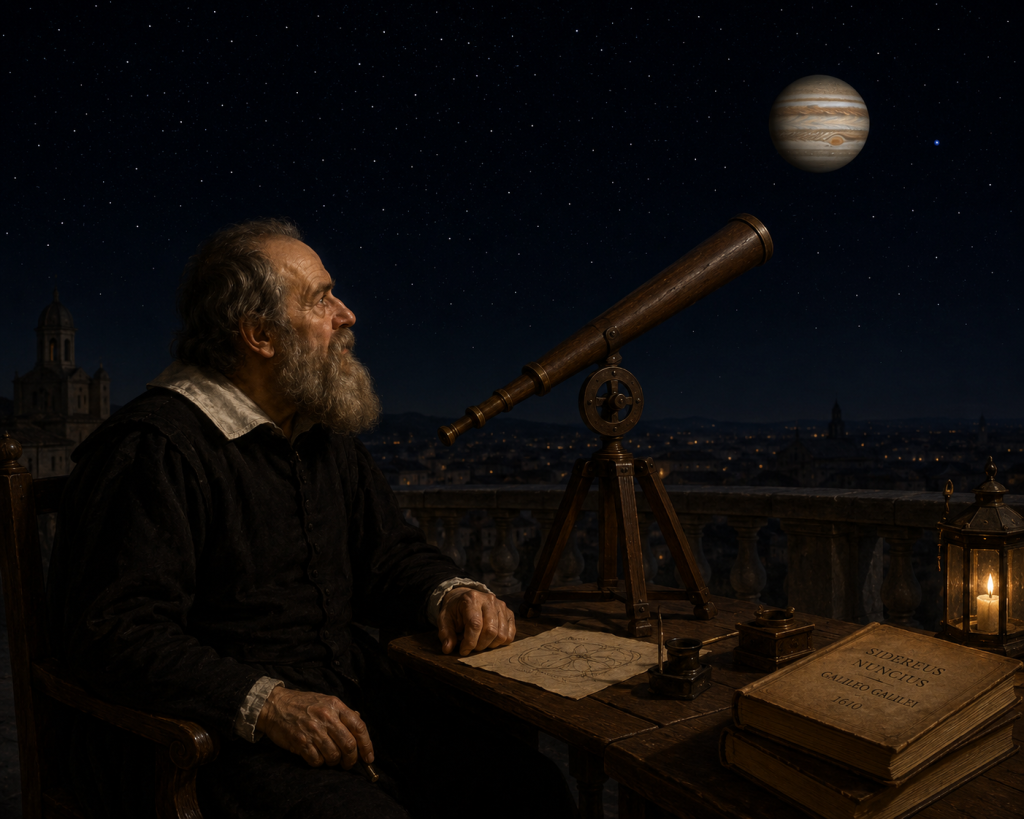 Galileo Galilei observing Jupiter through a telescope while unknowingly viewing Neptune in 1612.
