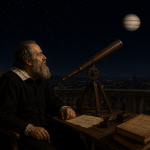 Galileo Galilei observing Jupiter through a telescope while unknowingly viewing Neptune in 1612.