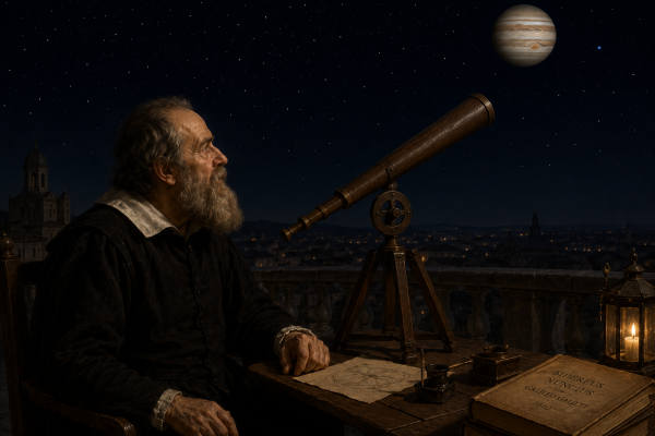 Galileo Galilei observing Jupiter through a telescope while unknowingly viewing Neptune in 1612.