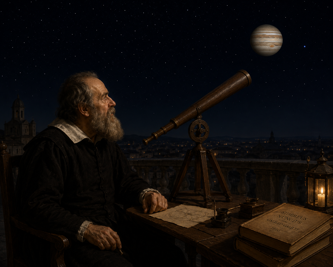 Galileo Galilei observing Jupiter through a telescope while unknowingly viewing Neptune in 1612.