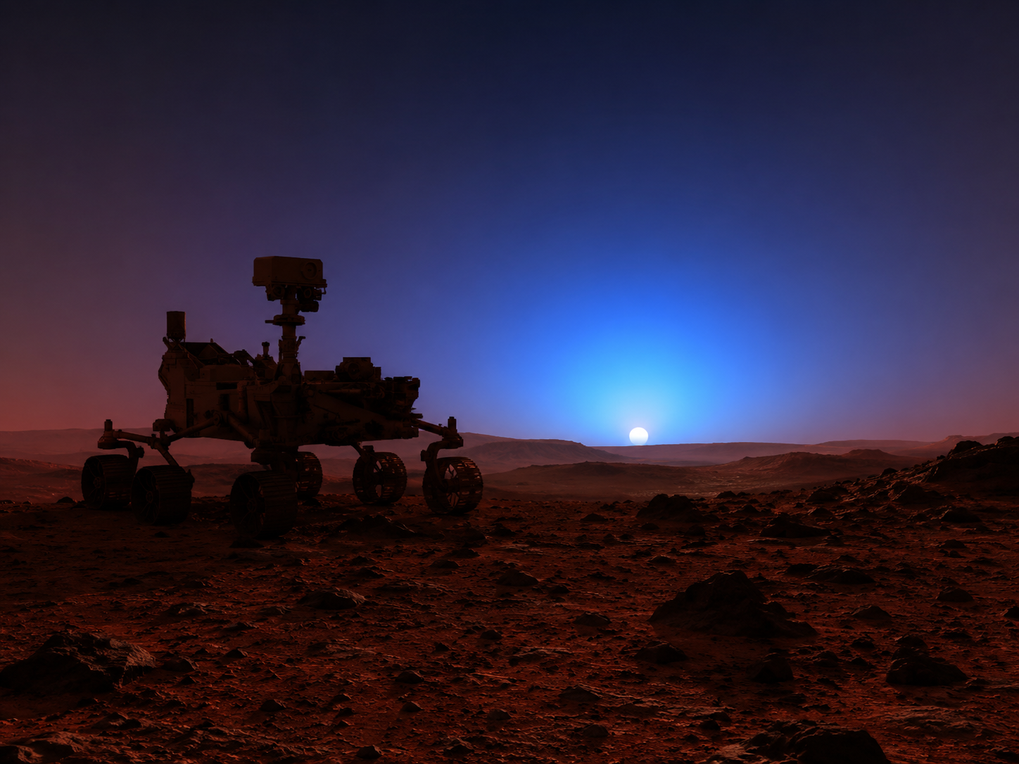 Blue sunset on Mars with a Perseverance rover silhouette against the dusty Martian horizon