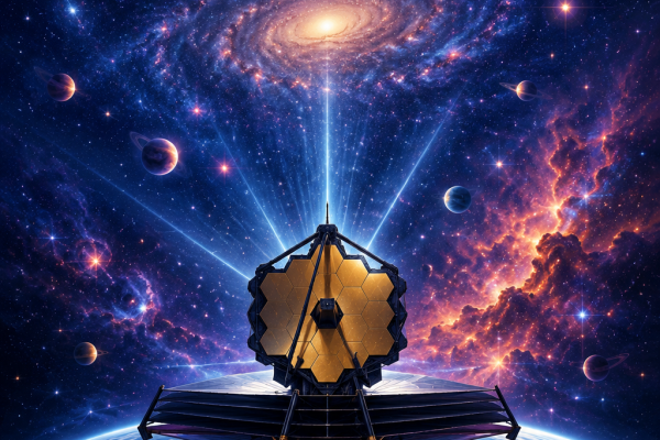 Concept illustration of NASA's ASTRA Initiative showing a next-generation space telescope above Earth, exploring distant galaxies, colorful nebulae, and future cosmic discoveries.