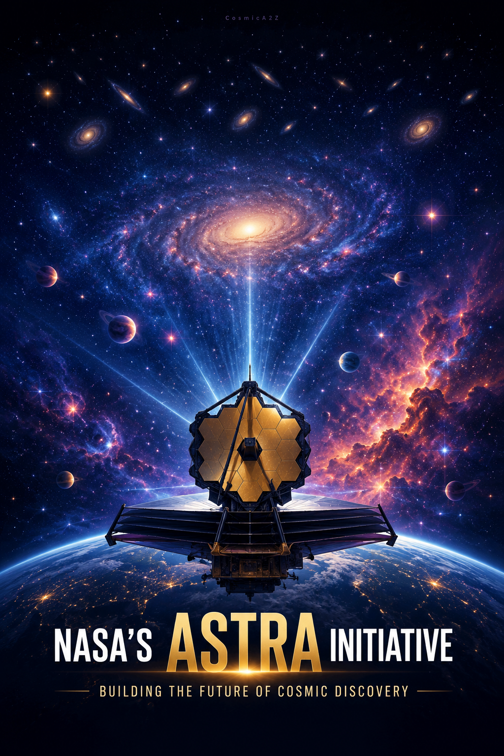 Concept illustration of NASA's ASTRA Initiative showing a future space telescope observing galaxies and star-forming regions.