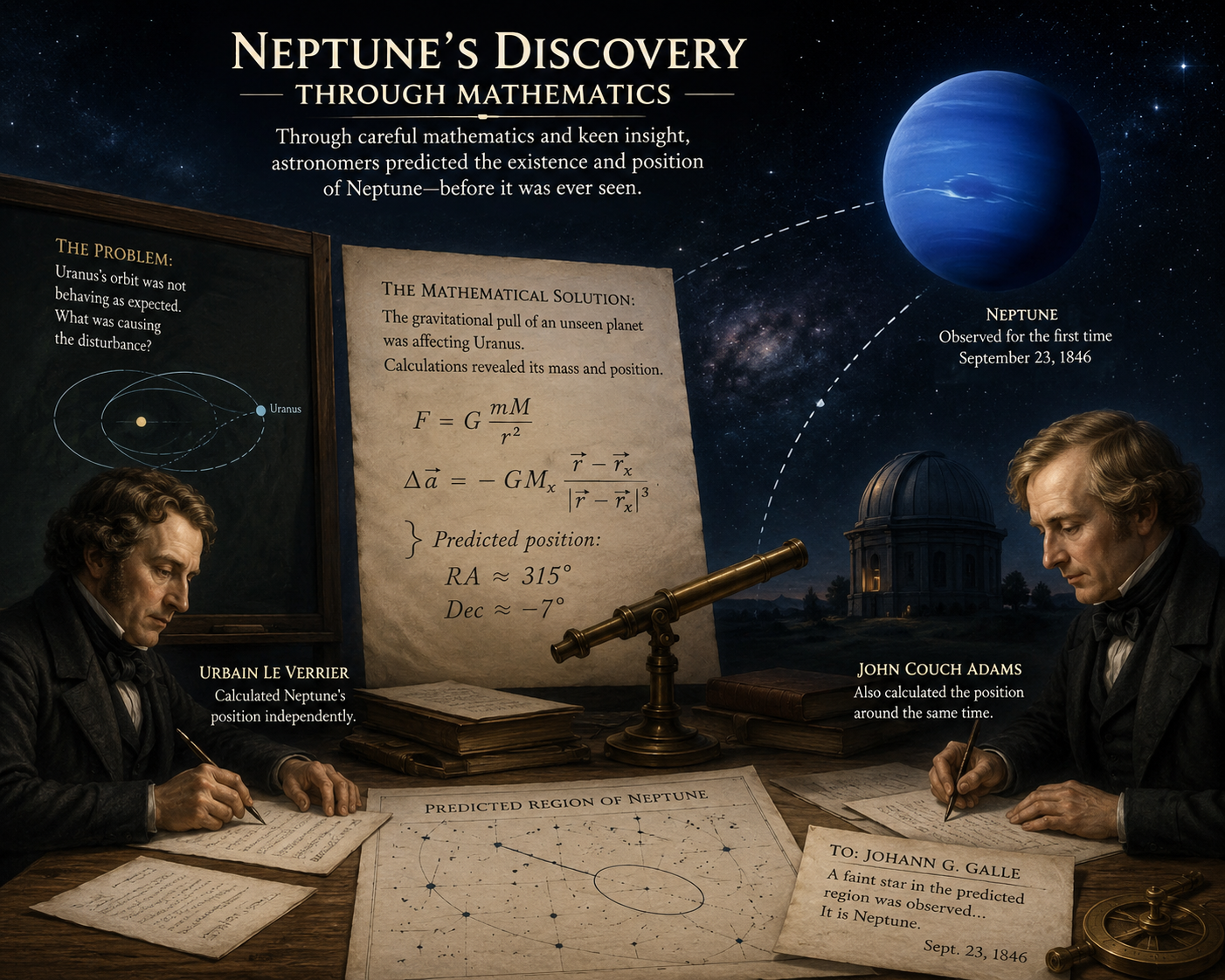 Illustration showing how astronomers predicted Neptune's existence using mathematics.