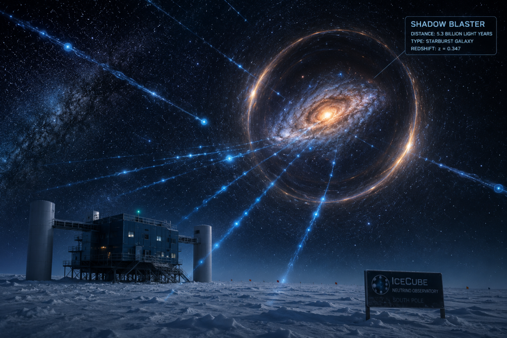 Cinematic view of the distant Shadow Blaster galaxy distorted by gravitational lensing, with glowing blue neutrino streams crossing space above the IceCube Neutrino Observatory under the star-filled Antarctic sky.