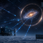 Cinematic view of the distant Shadow Blaster galaxy distorted by gravitational lensing, with glowing blue neutrino streams crossing space above the IceCube Neutrino Observatory under the star-filled Antarctic sky.
