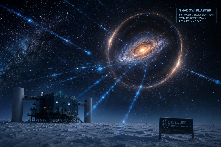 Cinematic view of the distant Shadow Blaster galaxy distorted by gravitational lensing, with glowing blue neutrino streams crossing space above the IceCube Neutrino Observatory under the star-filled Antarctic sky.
