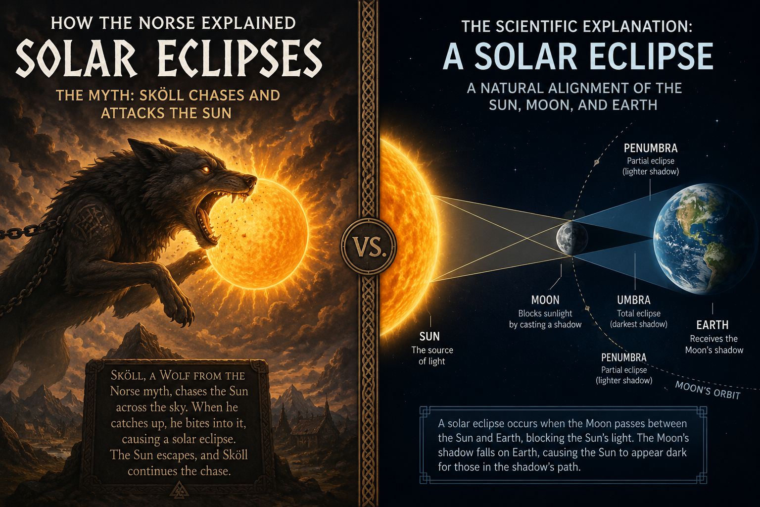 Norse eclipse myth compared with the scientific explanation of a solar eclipse