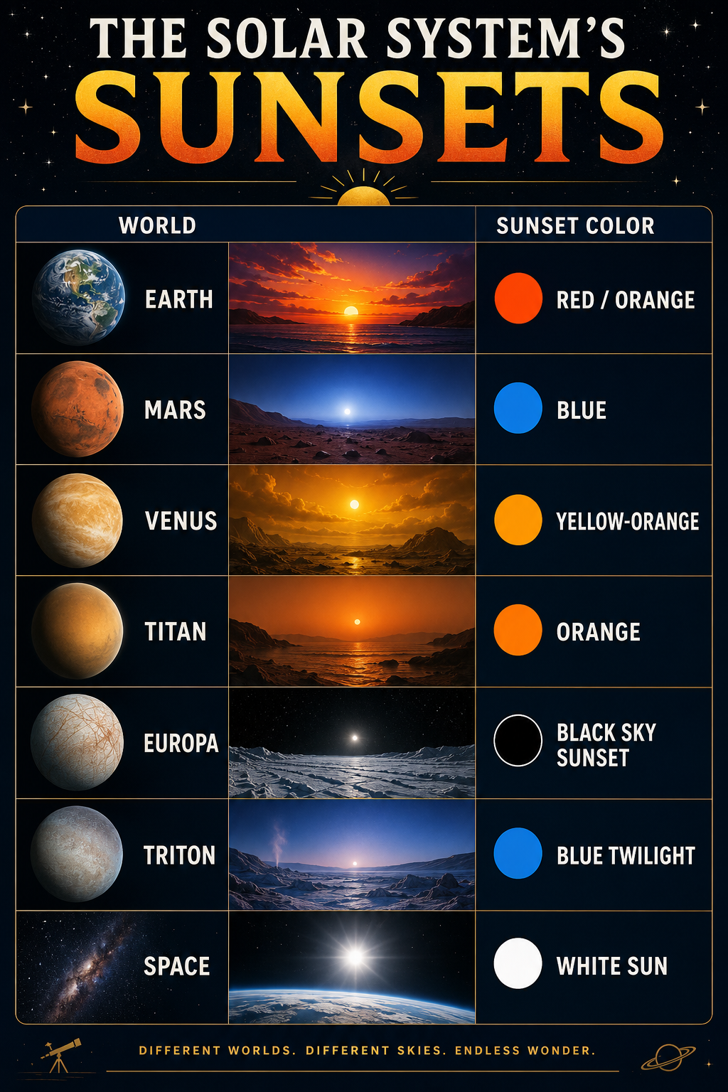 Infographic comparing sunset colors across Earth, Mars, Venus, Titan, Europa, Triton and space