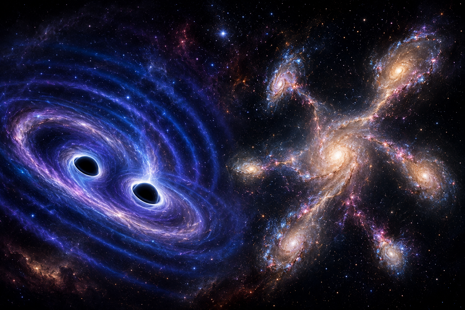 Two massive black holes spiral together while six distant galaxies merge into one giant galaxy, illustrating gravity shaping the universe.